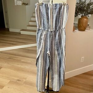Anthropologie DREW Striped Strapless Split Leg Linen Blend Jumpsuit - Size Small